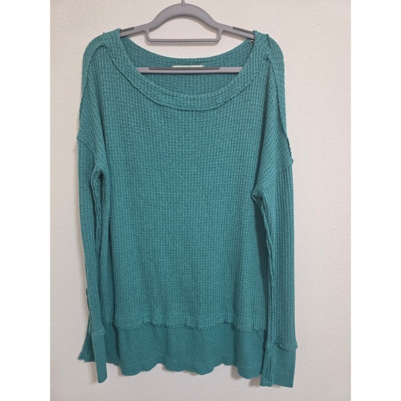 We The Free Sweaters - We The Free Teal Waffle Knit Long Sleeve Top Oversized Relaxed Fit